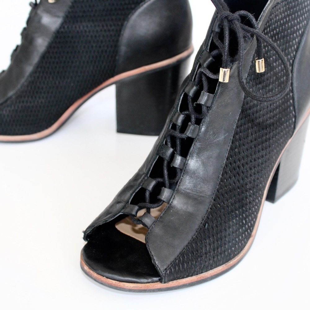 Lace Up Block Heel Black Leather Booties